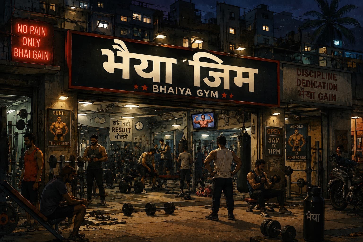 Bhaiya Gym at night — the street outside a first-floor Mumbai gym